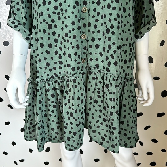 Olive Green Leopard Print Babydoll Dress - Picture 3 of 7